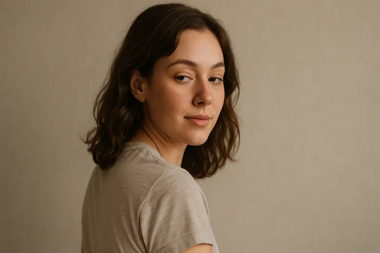 A woman glancing over her shoulder with a relaxed posture and soft, natural lighting.