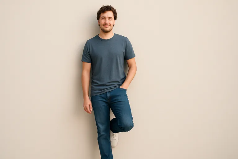 A man lightly leaning against a beige wall with one leg bent and one hand in his pocket.