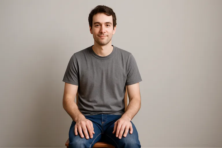 A man sitting on a chair with a relaxed expression, hands gently resting on his knees, against a plain background.