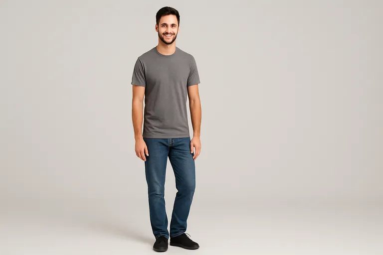 A man standing naturally on a sidewalk, weight shifted to one leg, with arms relaxed at his sides, against a brick building.