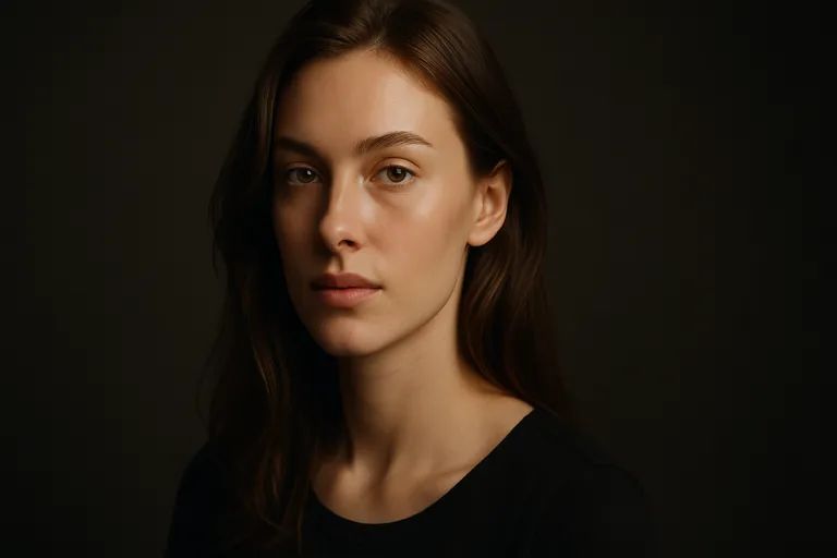 A studio portrait of a woman with long hair, illuminated by soft directional light that highlights her cheeks and facial contours.