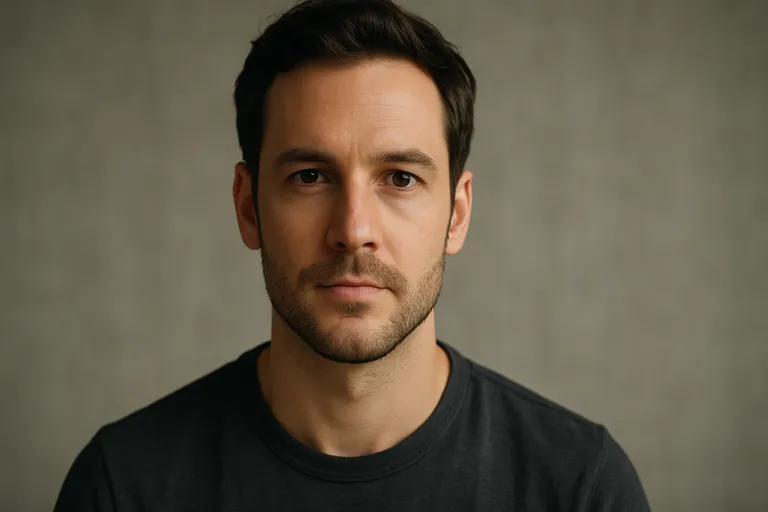 A subject staring directly into the lens with calm, confident expression.