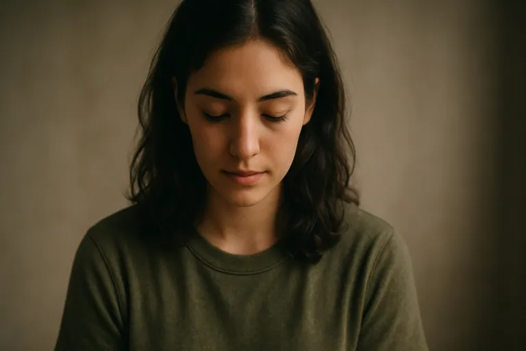 A subject with downward gaze in soft light, relaxed shoulders.