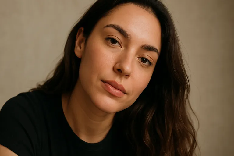 A model leaning slightly toward the lens, dominating the frame.