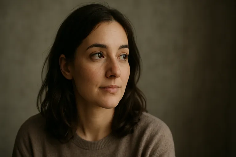 A person looking off to the side with a gentle, thoughtful expression.