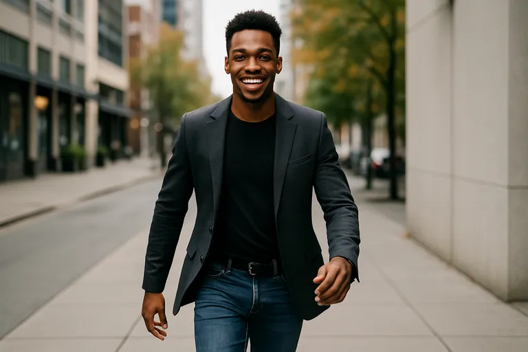 A person walking toward the camera mid-step, confident and dynamic.