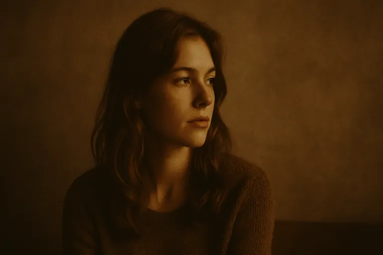 A warm, muted brown-toned portrait of a woman looking away, with a nostalgic 70s color palette and soft contrast.