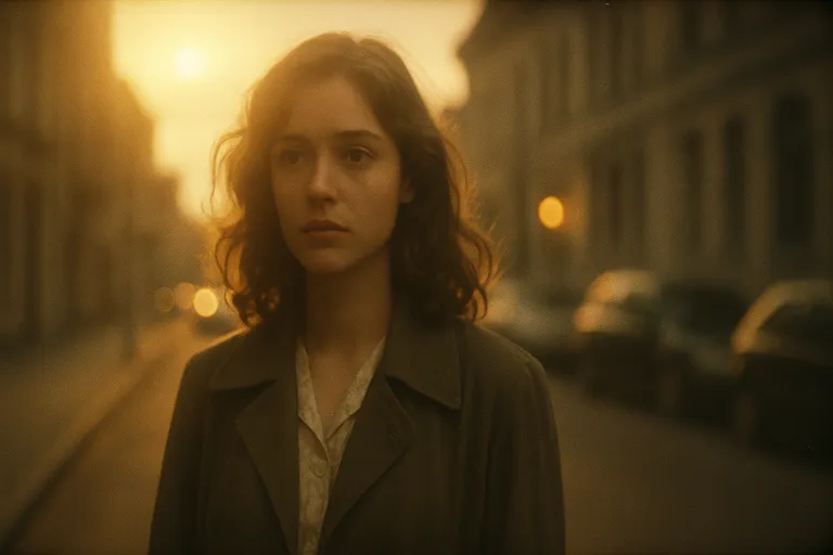 A softly glowing night street scene in an old city, with warm amber highlights around the distant lights, suggesting halation.