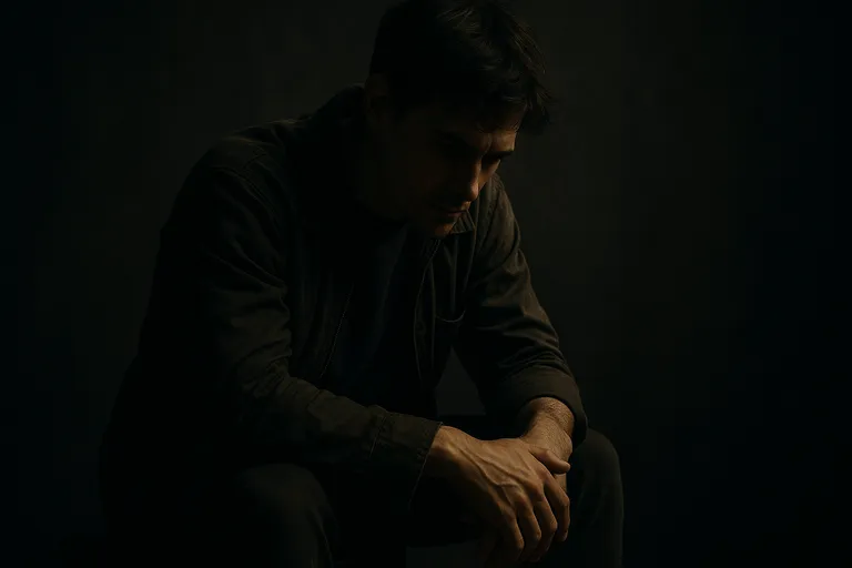 A character sitting with hunched posture, face partly in shadow.