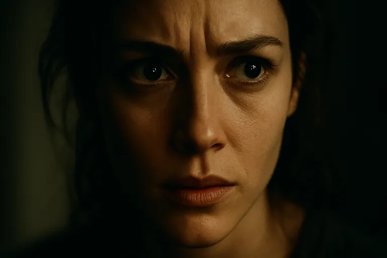 Extreme close-up showing expressive eyes and cinematic shadow contrast.