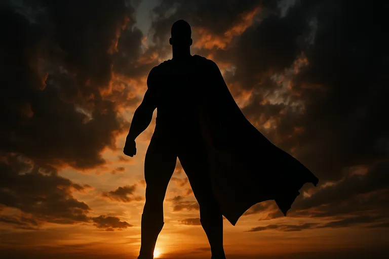 A powerful hero stance silhouetted against a dramatic sky.