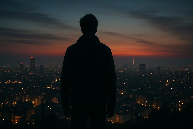 A lone figure overlooking a cityscape at dusk.