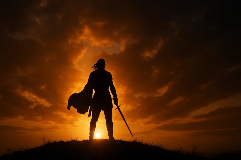 A silhouette of a character standing on a hill with dramatic backlight.
