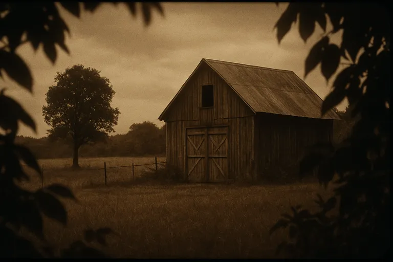 A wide sepia-toned shot of an old wooden barn framed by dark leaves in the foreground, creating depth and a vintage feel.