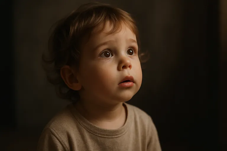 A soft, close-up portrait of a small child looking up with wide eyes in a low-light environment.