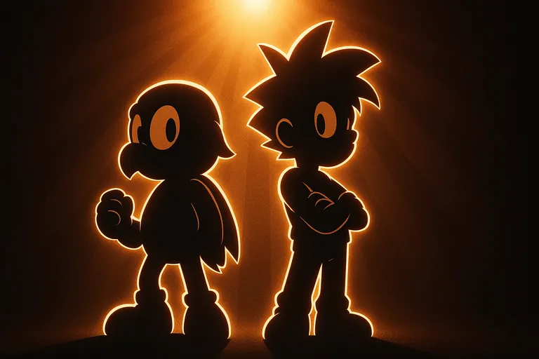 Two characters standing back to back, brightly lit from above to create striking outlines.