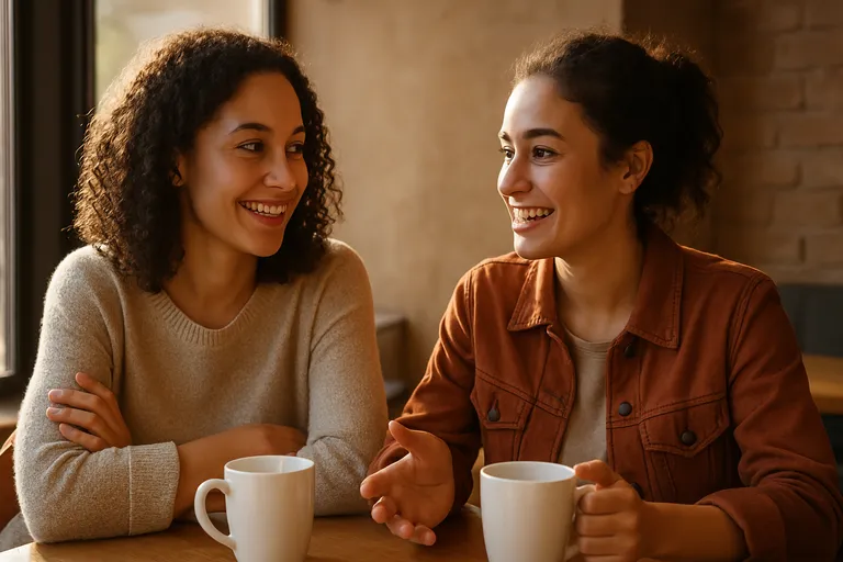 Two people chatting at a café table with soft warm sunlight illuminating their faces.