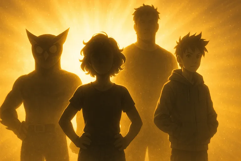 A group of characters standing in staggered depth with glowing bright backlight.