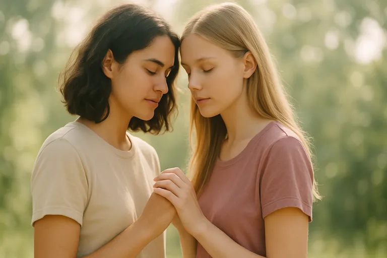 Two people standing close with hands lightly connecting in soft diffused daylight.