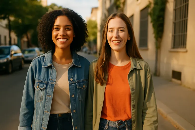 Two friends walking side by side on a sunlit street, smiling naturally.