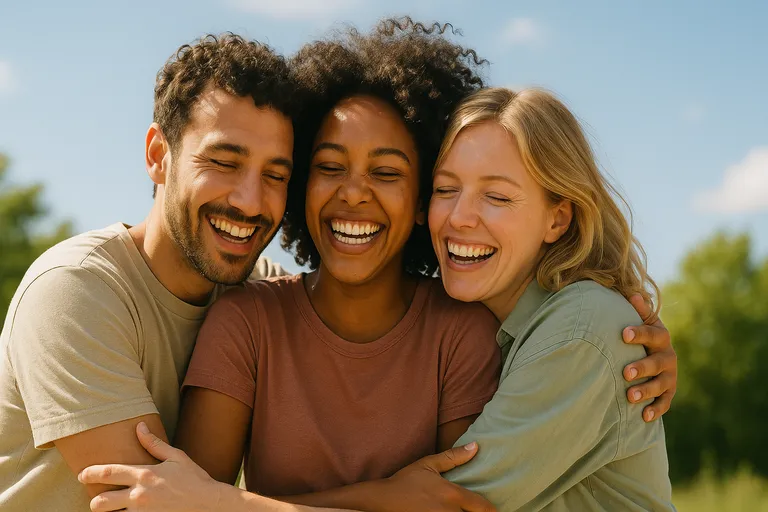 Three people hugging and laughing under bright daylight with soft highlights.