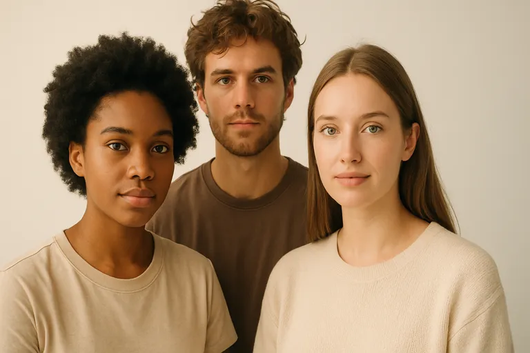 Three people arranged in triangular positioning, bright soft light illuminating all faces evenly.