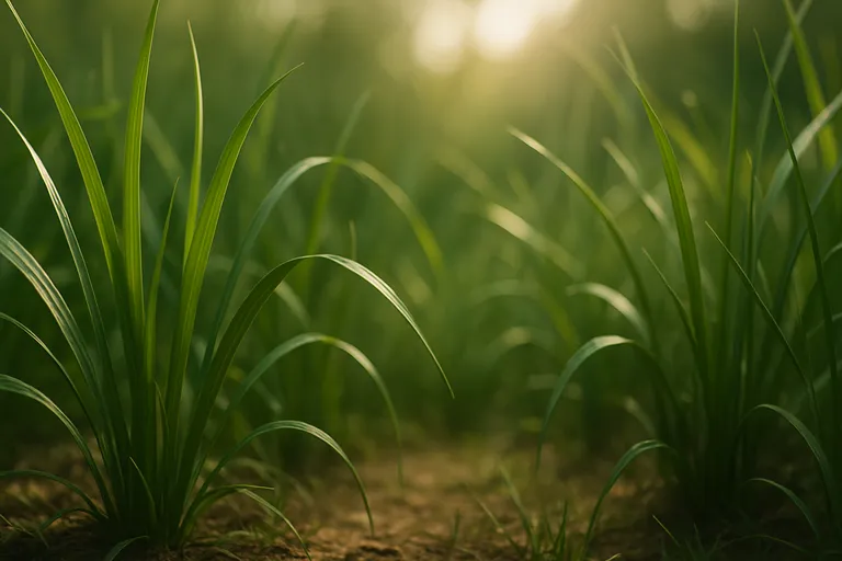 Extreme close-up of blades of grass near the ground with the sun shining brightly in the blurred background.