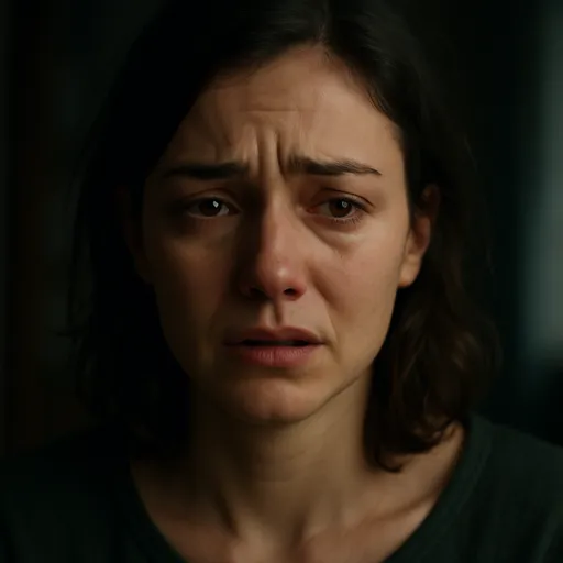 A dark, cinematic close-up of a woman's face showing subtle micro-expressions of pain and tearful eyes.