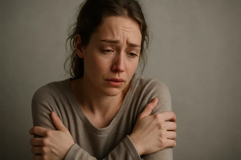 A woman with an emotional, vulnerable, and tearful expression, hugging herself for comfort.