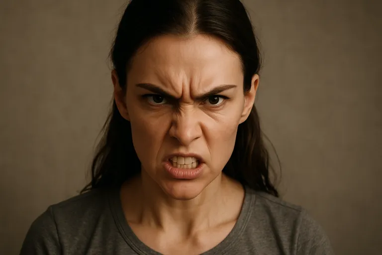 A close-up of a woman with a fierce, angry expression, tight jaw, and deep tension in her forehead and eyebrows.