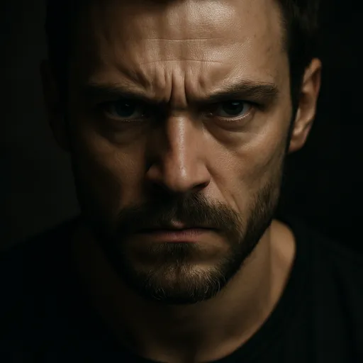 A dramatic, high-contrast close-up of a man with an intense, focused gaze, deep shadows, and defined facial creases.