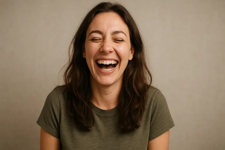 A woman captured mid-laugh with eyes closed and an open mouth, conveying a natural, joyful expression.