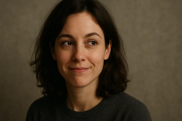 A woman with a subtle smirk and a thoughtful gaze looking off to the side, conveying intrigue.