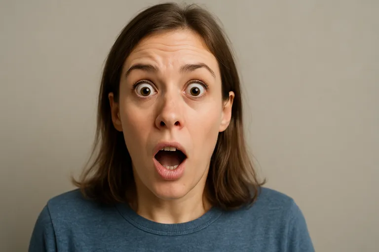 A woman with wide-open eyes and raised eyebrows, mouth slightly open in a classic expression of surprise or shock.