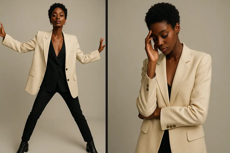 A side-by-side editorial comparison: one side shows an open, confident pose, and the other shows a closed, introspective pose.