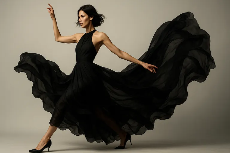 A woman in a long black halter dress mid-step, with the sheer fabric dramatically flowing behind her and arms raised dynamically.