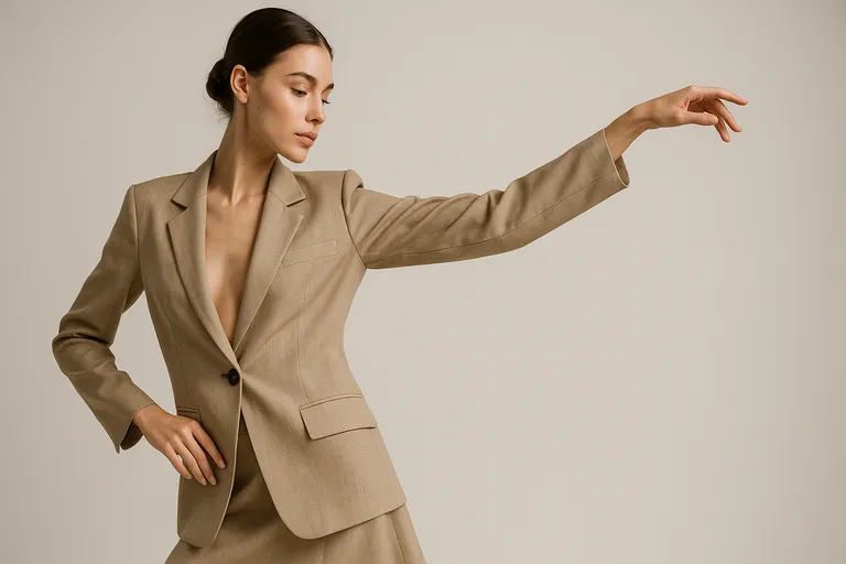 A woman in a beige business suit with a deep v-neck, posing gracefully with one arm extended in a soft gesture.