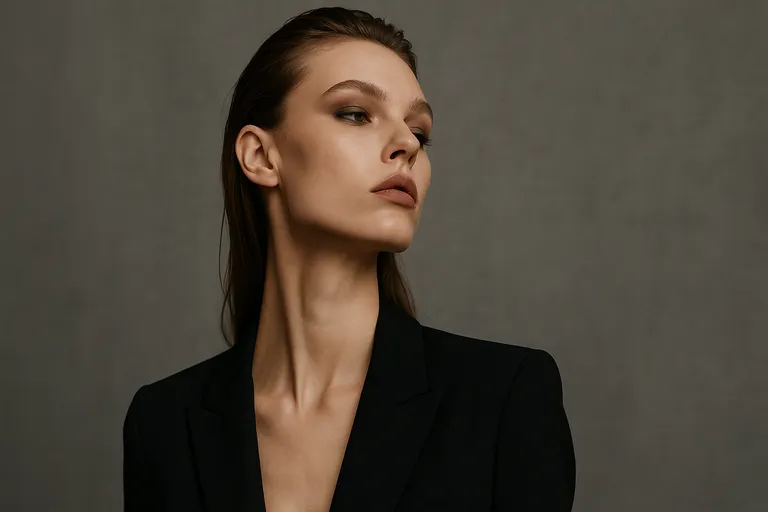 A close-up portrait of a woman in a black blazer with an elongated neck and sharp, defined jawline and high cheekbones.