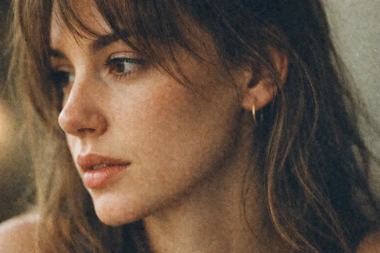 An extreme close-up profile portrait showing soft light and heavy, organic film grain overlay on the skin texture.