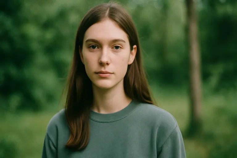 A gentle daylight portrait of a woman in a green top against a soft green background, featuring cool and balanced tones.
