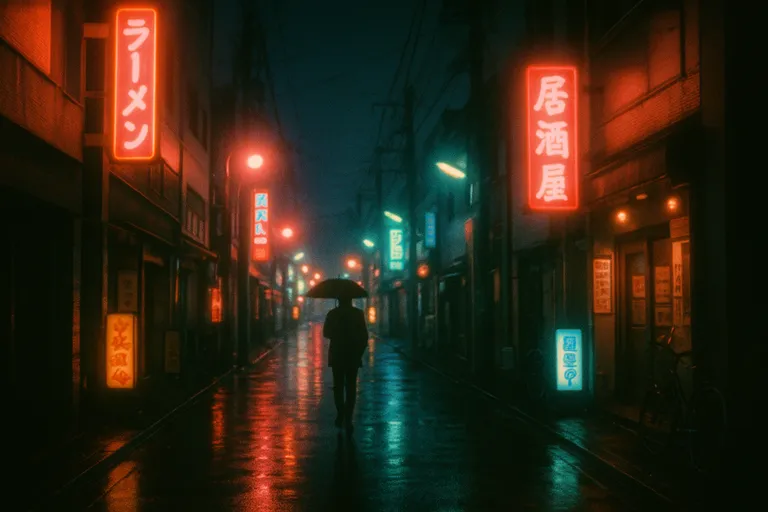 A cinematic street scene at night in a Japanese alley, where neon lights exhibit soft blooming and halation typical of film.