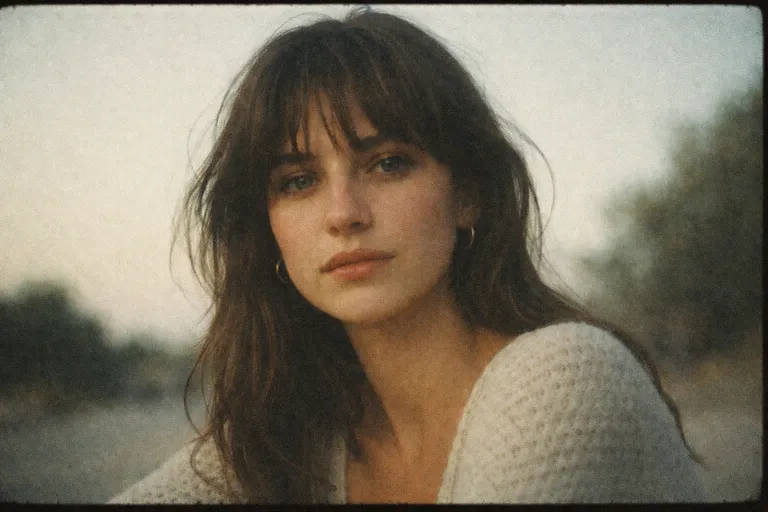 A retro-style portrait of a woman with bangs, featuring matte, lifted shadows and softly faded colors.