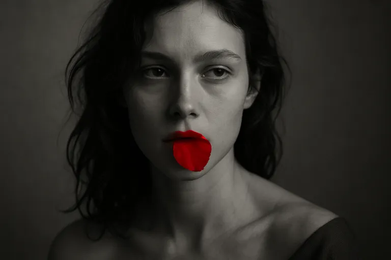 A desaturated black and white portrait of a woman with a single, vibrant red rose petal covering her mouth, symbolizing silence or passion.