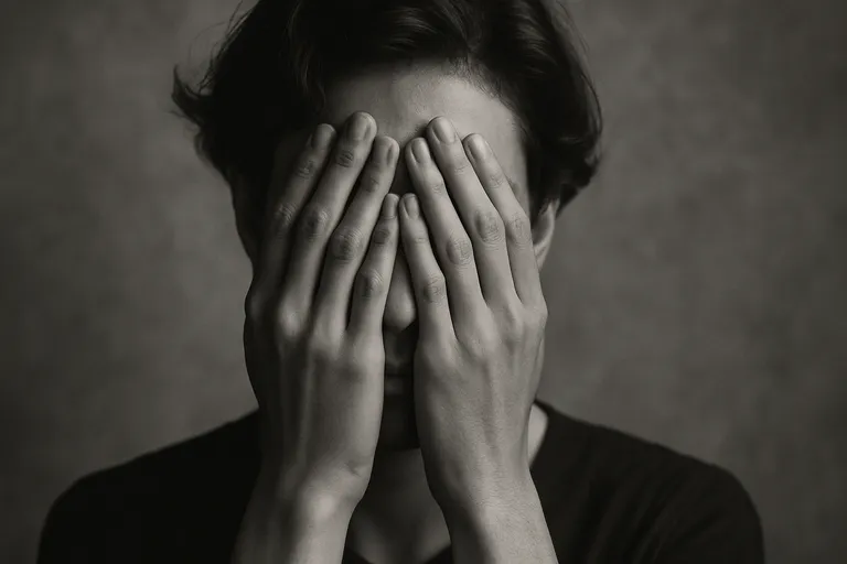 A close-up, black and white portrait of a person covering their face with their hands, expressing shyness or deep introspection.
