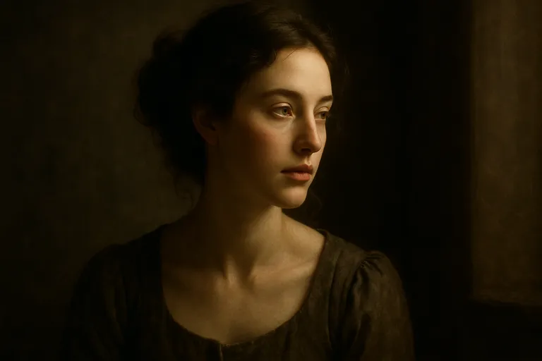 A dramatic, low-key portrait of a woman looking away, illuminated by soft window light, resembling a Renaissance painting.