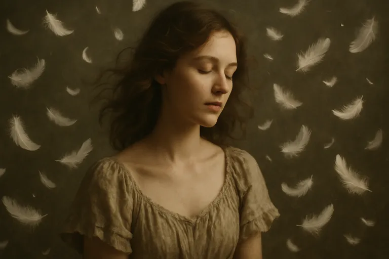 A woman with closed eyes surrounded by floating white feathers, creating a melancholic and dreamlike atmosphere.
