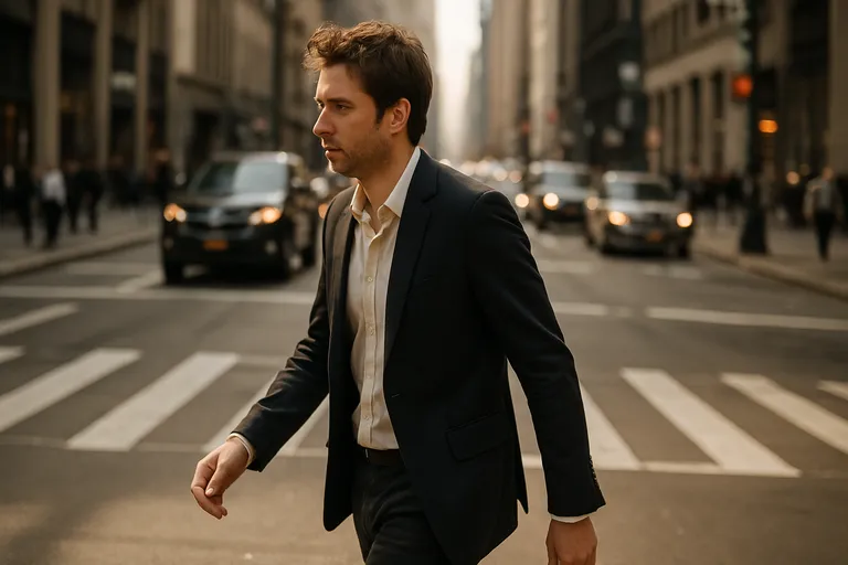 A man in a suit walking across a busy city street crosswalk, captured candidly mid-step in a documentary style.