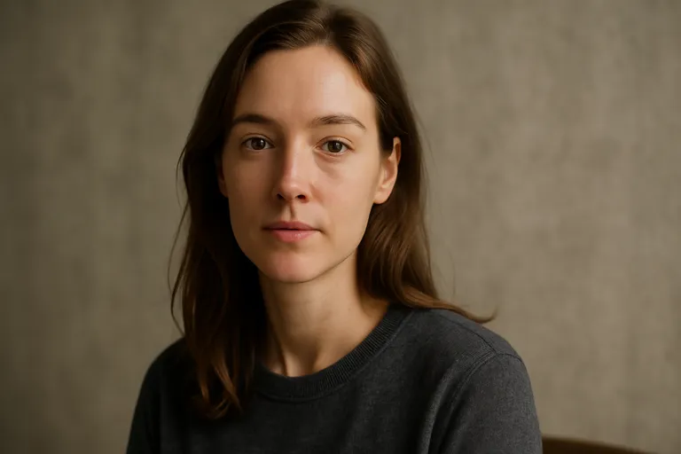 A natural, medium close-up portrait of a woman with brown hair looking directly at the camera with balanced lighting.