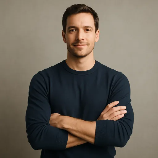 A man standing confidently with his arms comfortably crossed, wearing a dark sweater against a neutral background.