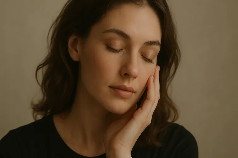 A soft, close-up portrait of a woman with her eyes closed, one hand gently touching her cheek.